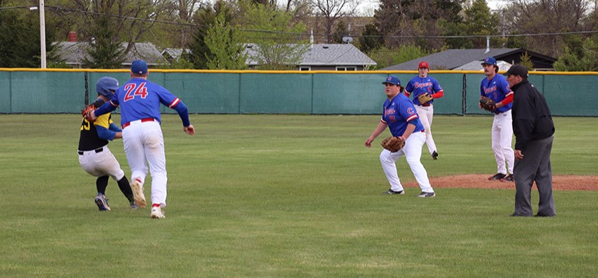 After a leadoff double in the first inning, it looked like the visiting Parkland Pirates might score first against the Canora Supers on May 27. But the runner was a little too eager and got trapped in a rundown by the Supers defence later in the inning. Good execution by the home team ended with the runner being tagged out by Kody Rock. From left, other Supers players pictured were: Shae Peterson, Porter Wolkowski and Brendon Landstad. The Supers went on to a 2-0 win.