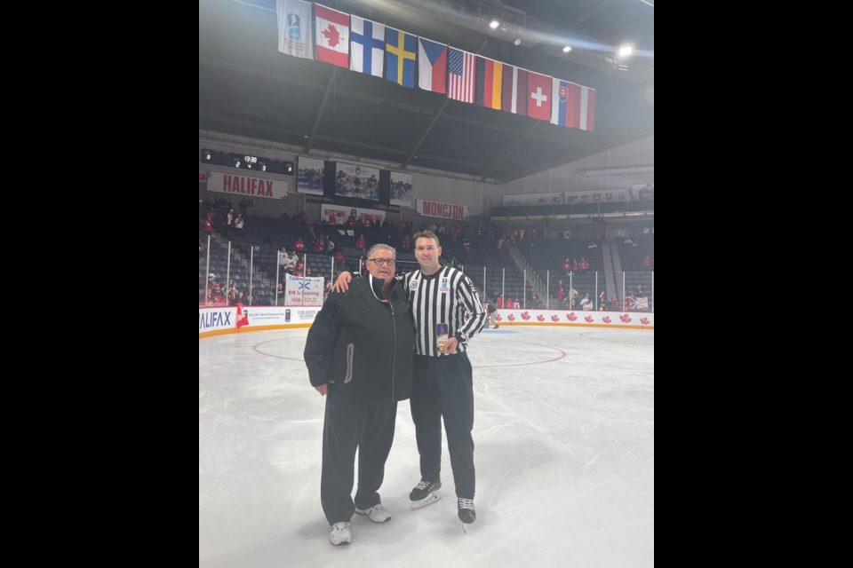 Tarrington Wyonzek, seen here with his father Pat when he was a linesman at the 2023 World Junior Hockey Championship, will be working as an on-ice official in the World Men’s Hockey Championship in Latvia and Finland from May 12 - 28. Tarrington is the grandson of Henry and Anne Wyonzek of Canora.
