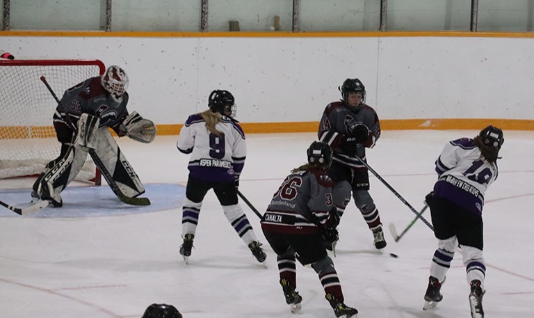 The U15 Parkland Prairie Ice hosted the Canalta Borderland Badgers in Canora on Nov. 8. As Makayla Johnson of Sturgis ripped this shot on goal, Ryea Harper of Canora was on the hunt for a possible rebound. The game ended in a hard-fought 3-3 tie.