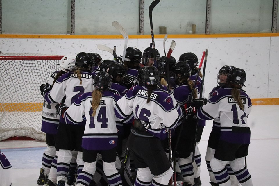 Members of the U15 Parkland Prairie Ice celebrated their Game 2 win to force a third and deciding game against Canalta.