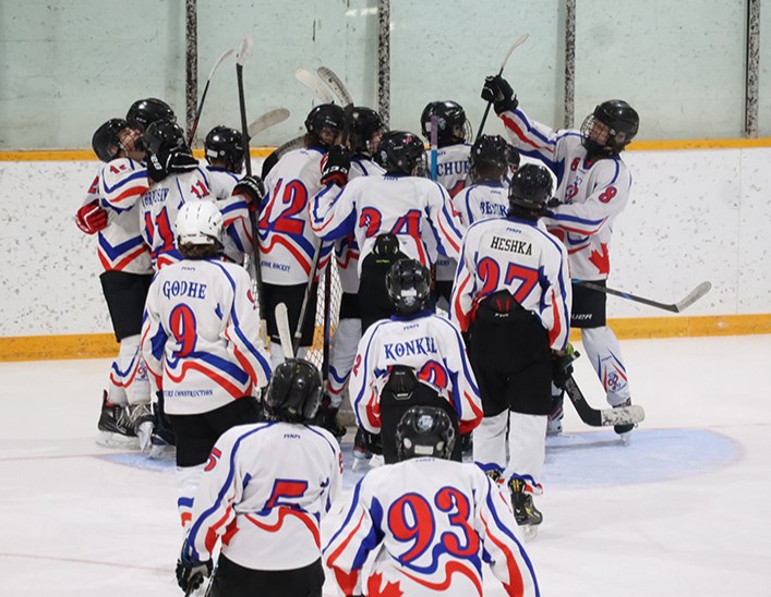 The U15 Highway 9 Predators celebrating after winning their first round Major Hockey League playoff series over the Yorkton Med Shoppe Terriers in two straight games.