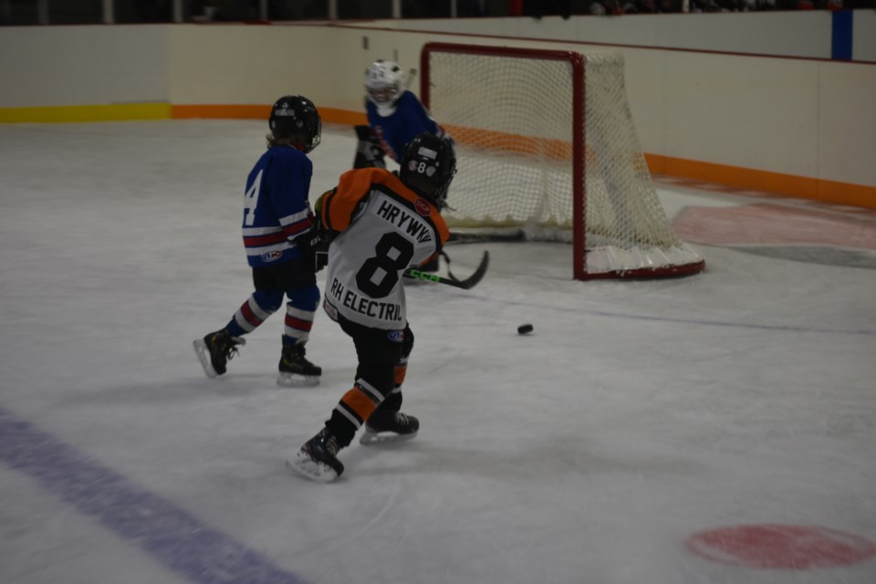 A Yorkton player shot at the Preeceville Pats goal.