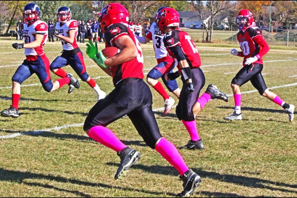 Weyburn Comp Eagles player Spencer Bell took off down the field, making a large gain as the Eagles went in later for a touchdown on Saturday.