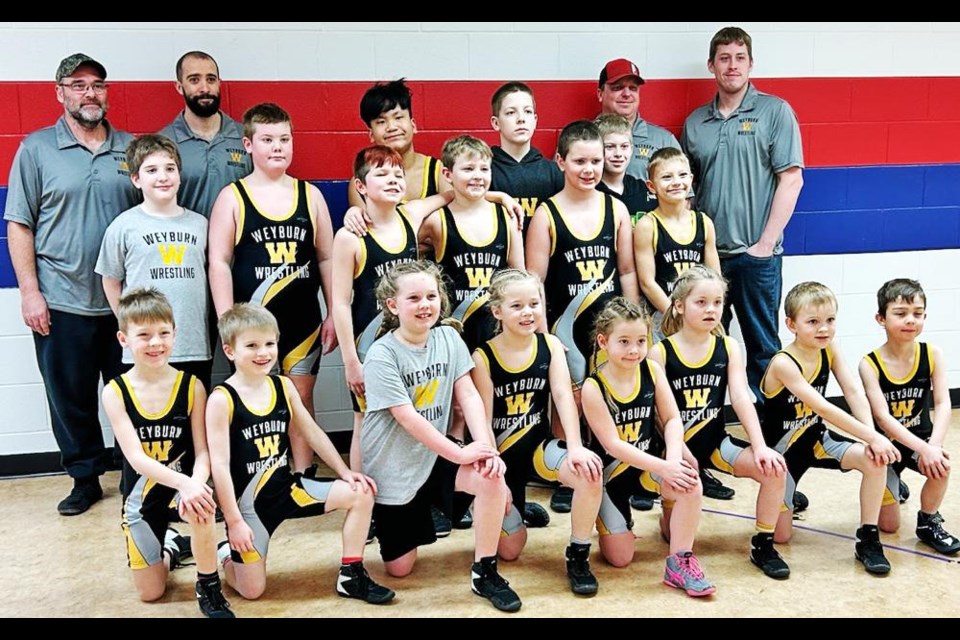 These are the Weyburn wrestlers who went to Swift Current for their Titans tournament over the Jan. 27 weekend. Back row from left to right are Coach Shane Lanz, Coach Daric Pirlot, Ezakiel Peralta, Ephraim Henning, Coach Greg Kiraly, Coach Ray Leroux.
Middle row from left to right: Rastyn Weiss, Donovan Lanz, Conner Pocha, Jep Furgason, Brysen Richaud, Owen Arthur
Front row from left to right: Cassius Henning, Madyx Weiss, Sophie McLeod, Mirabelle Leroux, Anna Lanz, Megan Kerr, Grady McLeod and Lochlan Pirlot. Missing is Avlynn Drake.