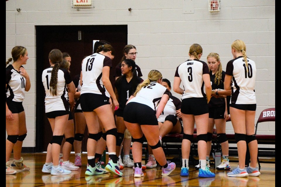 The senior McLurg High School Broncs girls’ volleyball team gather for last-minute instructions and encouragement before a game at conferences in Wilkie, Nov. 2. After a second-place finish at regionals Nov. 9, the Broncs moved on to provincials, taking place Nov. 15 and 16.