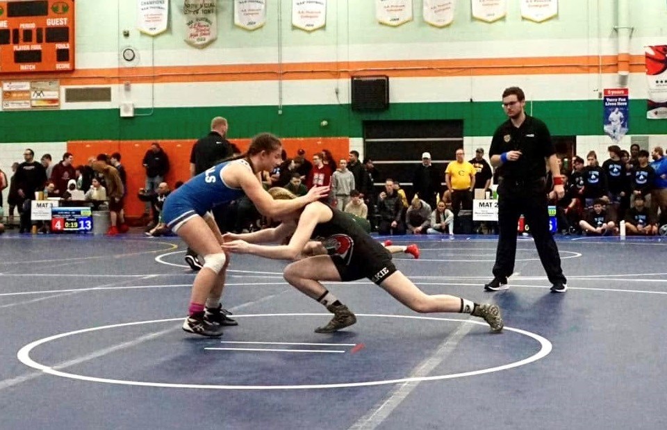 McLurg Broncs wrestler Natalee Ironstand aims low against her opponent at a tournament in Moose Jaw.                               