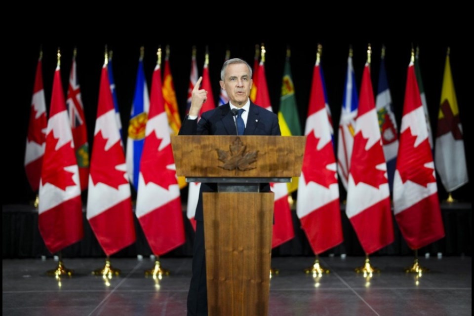 Prime Minister Mark Carney holds a press conference following the First Ministers meeting at the National War Museum on Friday, March 21, 2025. 