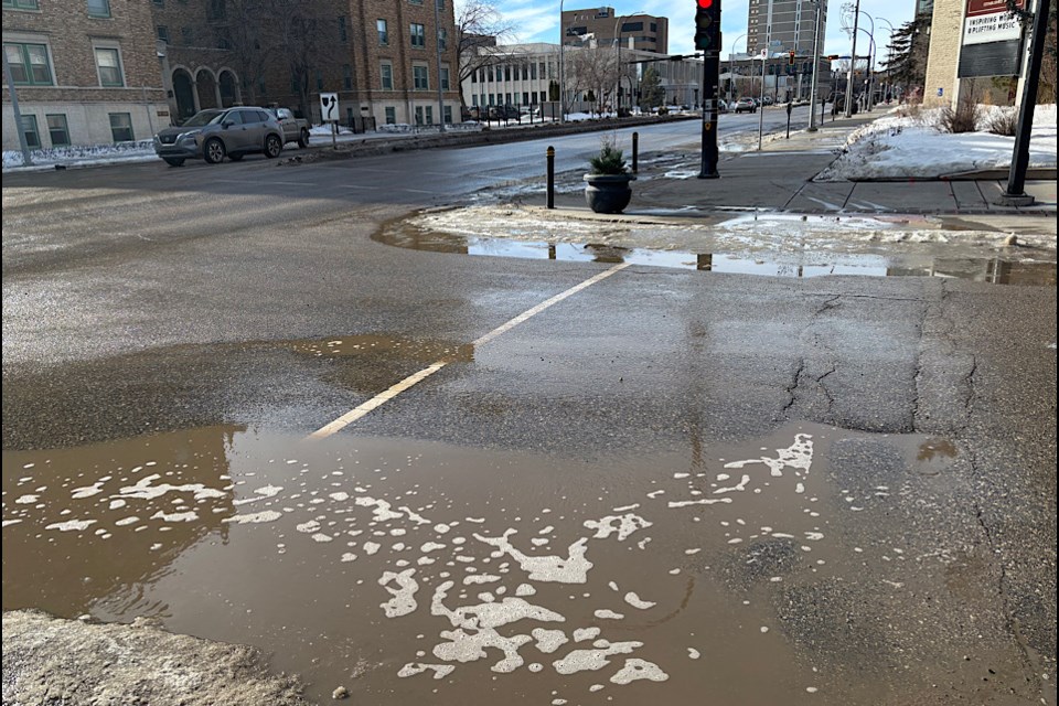 A look at the scene on Victoria Ave.  in downtown Regina where the snow melt is definitely in evidence.