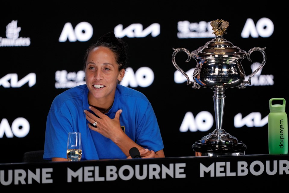 Madison Keys of the U.S. speaks during a press conference after defeating Aryna Sabalenka of Belarus in the women's singles final at the Australian Open tennis championship to win the Daphne Akhurst Memorial Cup, in Melbourne, Australia, Saturday, Jan. 25, 2025. (AP Photo/Vincent Thian)