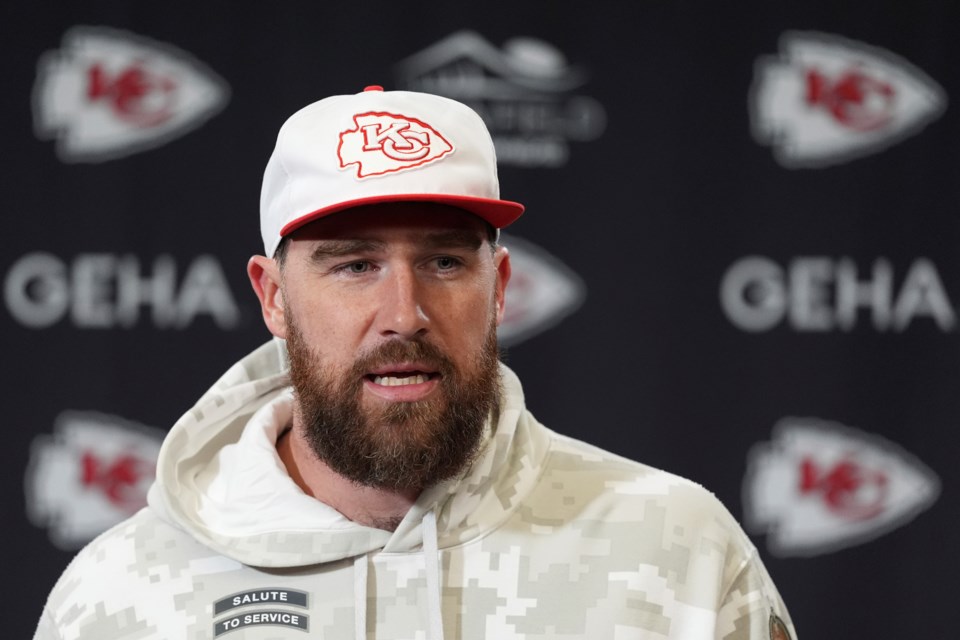 Kansas City Chiefs tight end Travis Kelce addresses the media after the team's NFL football practice Friday, Jan. 24, 2025, in Kansas City, Mo. (AP Photo/Charlie Riedel)