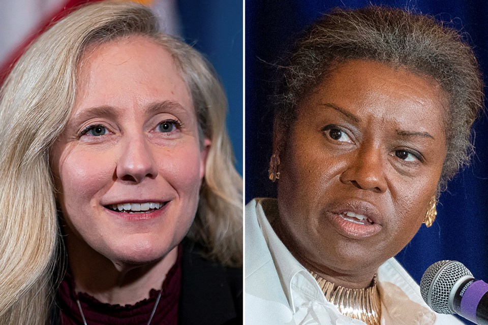 FILE - This combo image shows Democratic former U.S. Rep. Abigail Spanberger, left, shown Feb. 8, 2023 and Republican Virginia Lt. Gov. Winsome Earle-Sears, right, shown Sept. 1, 2021. (AP Photo, File)