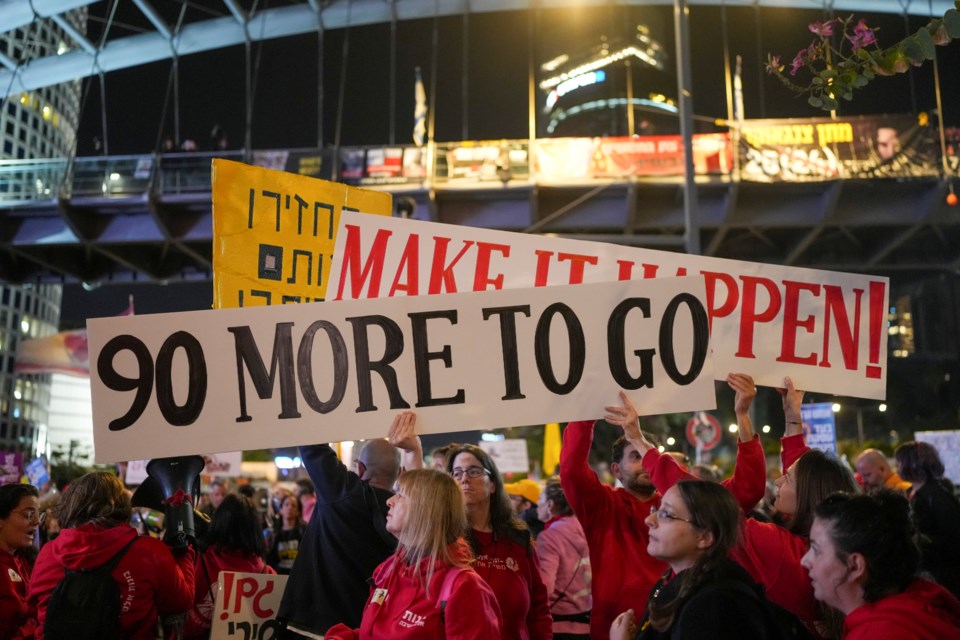 Demonstrators protest calling for the immediate release of the hostages held in the Gaza Strip by the Hamas militant group in Tel Aviv, Israel, Saturday, Jan. 25, 2025. (AP Photo/Ohad Zwigenberg)