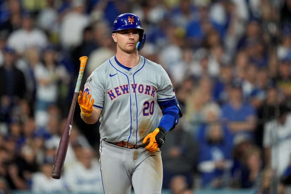 FILE - New York Mets' Pete Alonso heads to first base after a walk in the fourth inning against the Los Angeles Dodgers in Game 1 of a baseball NL Championship Series, Sunday, Oct. 13, 2024, in Los Angeles. (AP Photo/Gregory Bull, File)