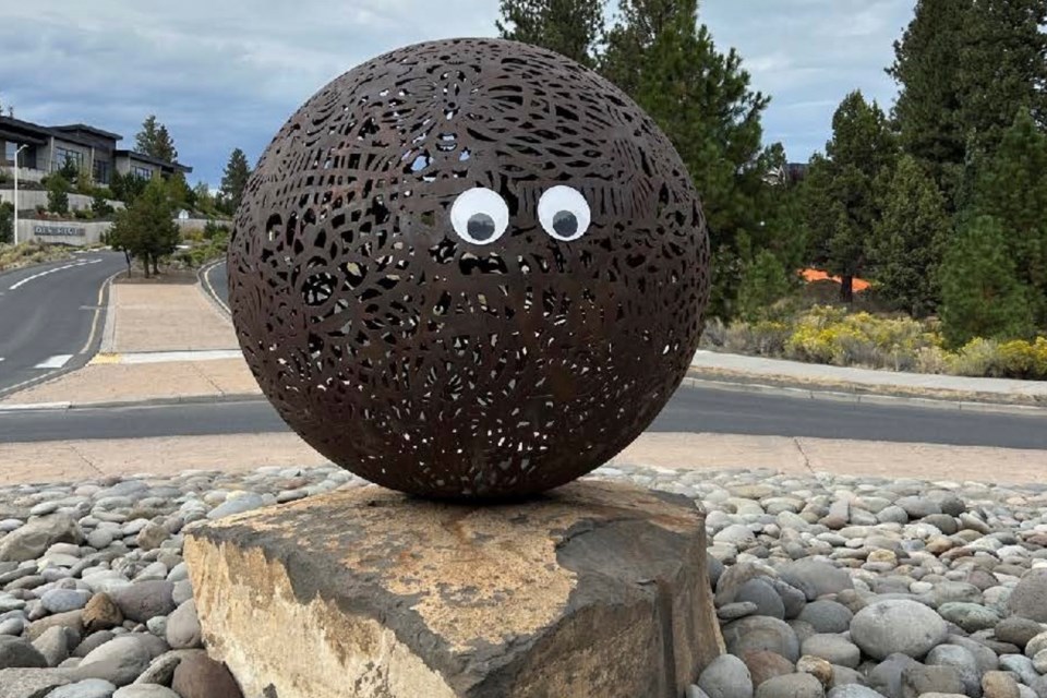 FILE - This image provided by the City of Bend, Ore., shows a pair of googly eyes placed on a public art sculpture in Bend. (City of Bend, Oregon, via AP, File)