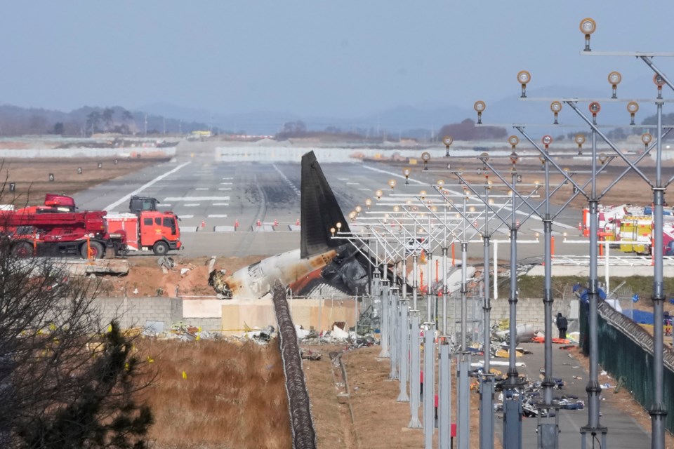 FILE - The wreckage of a Boeing 737-800 plane operated by South Korean budget airline Jeju Air lies at Muan International Airport in Muan, South Korea, on Dec. 31, 2024. (AP Photo/Ahn Young-joon, File)