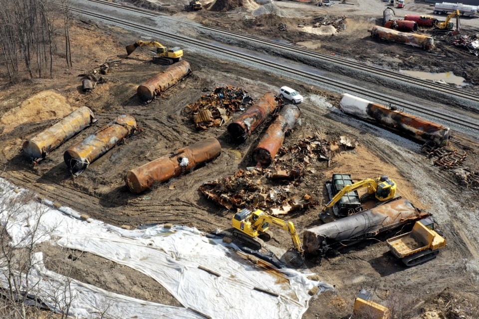 FILE - Cleanup continues, Feb. 24, 2023, at the site of a Norfolk Southern freight train derailment that happened on Feb. 3, in East Palestine, Ohio. (AP Photo/Matt Freed, File)