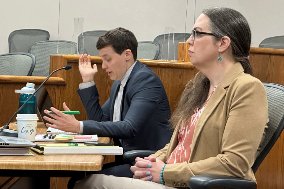 Plaintiff attorneys Jess Braverman, left, and Brittany Stewart appear in court on Monday, Jan. 27, 2025, at the Burleigh County Courthouse in Bismarck, N.D., during the trial related to the state's ban on gender-affirming medical care for kids. (AP Photo/Jack Dura)