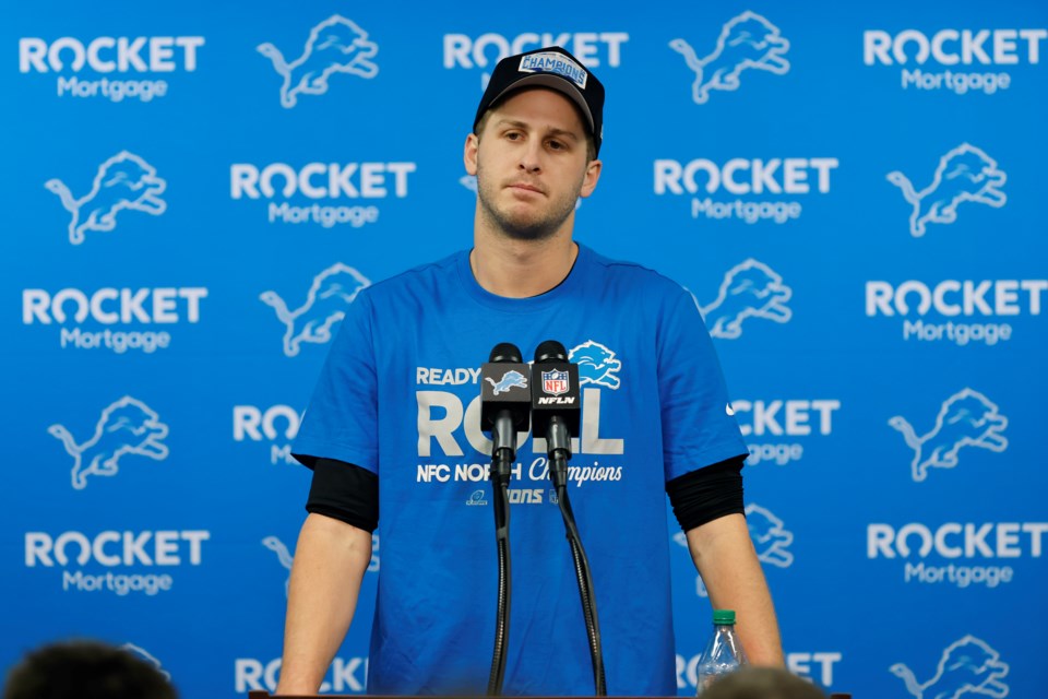 Detroit Lions quarterback Jared Goff talks to the medial following an NFL football game against the Minnesota Vikings Monday, Jan. 6, 2025, in Detroit. (AP Photo/Rey Del Rio)