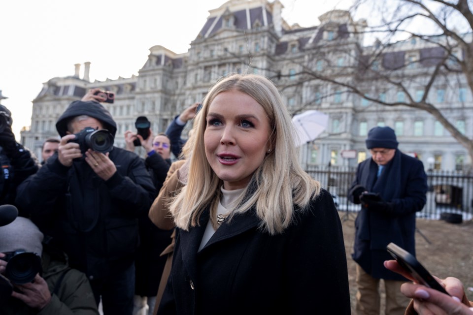 FILE - White House press secretary Karoline Leavitt speaks with reporters at the White House, Jan. 22, 2025, in Washington. (AP Photo/Alex Brandon, File)