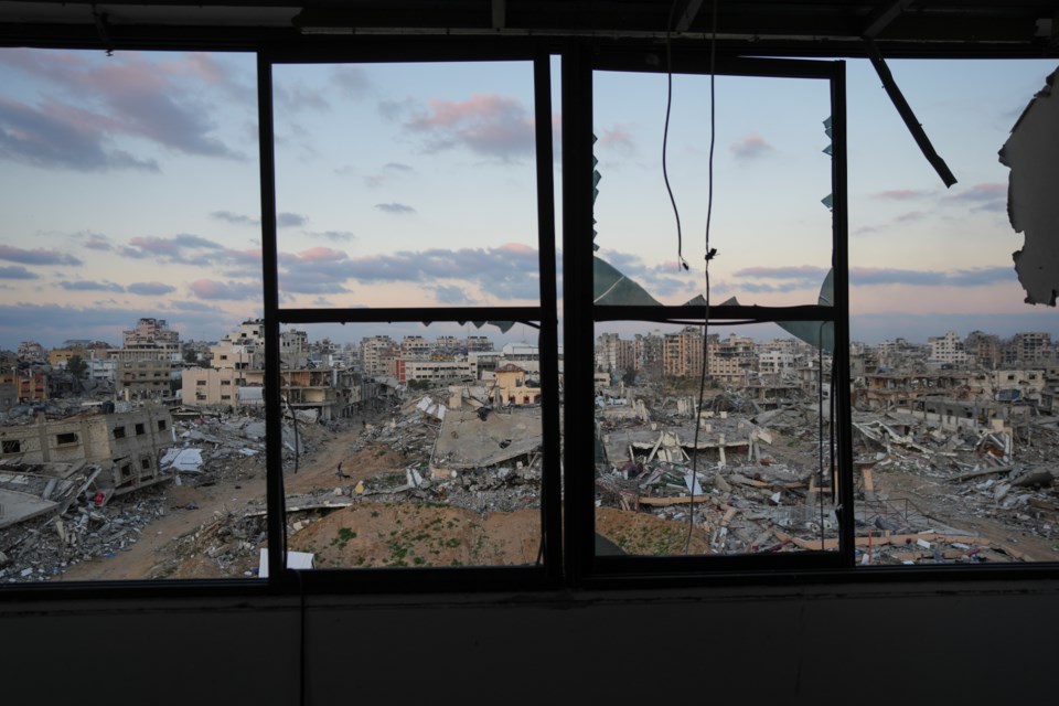 A view of an area in Gaza City destroyed during fightings between the Israeli army against Hamas, in Gaza City, Tuesday, Feb.4, 2025. (AP Photo/Abdel Kareem Hana)