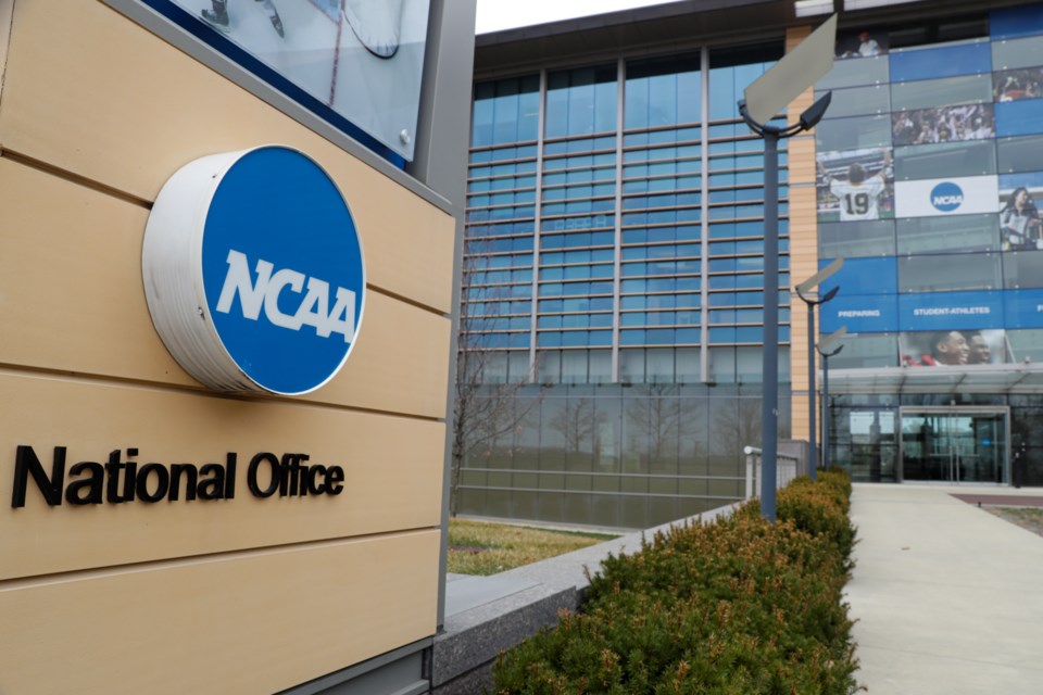 FILE - NCAA headquarters in Indianapolis is viewed March 12, 2020. (AP Photo/Michael Conroy, File)