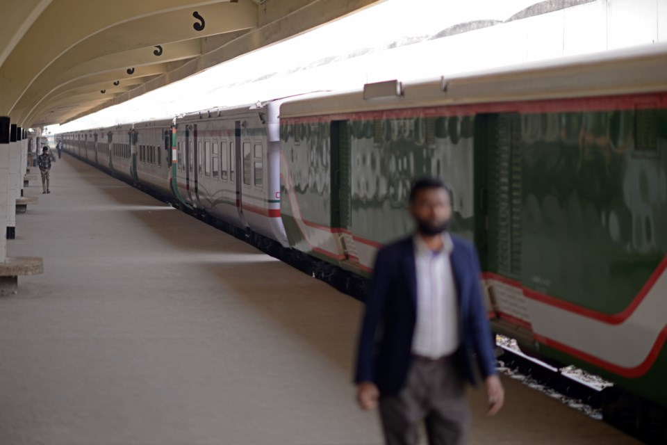 A train is seen parked at a railway station after trains across the country have been canceled as railway workers went on strike for higher pensions and other benefits, in Dhaka, Bangladesh, Tuesday, Jan. 28, 2025. (AP Photo/Mahmud Hossain Opu)