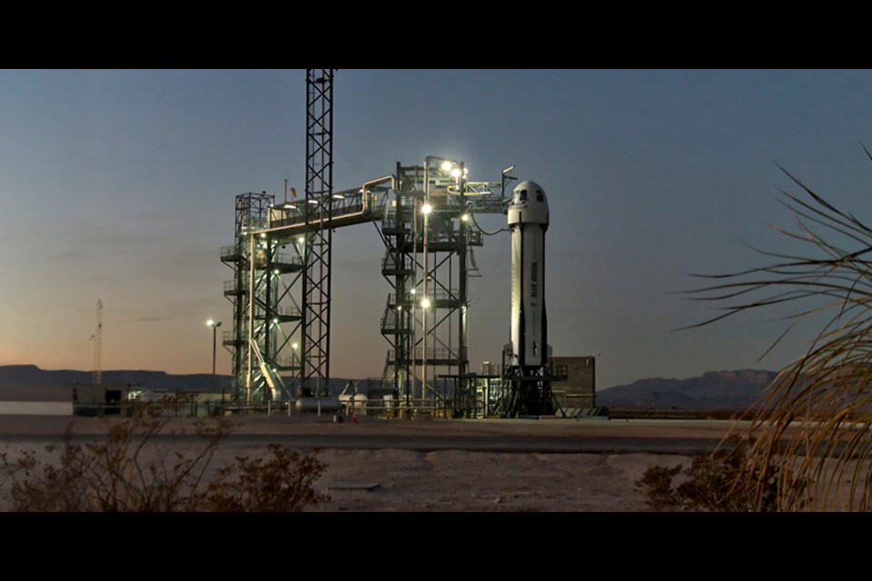 This photo provided by Blue Origin shows New Shepard on the pad in West Texas. (Blue Origin via AP)