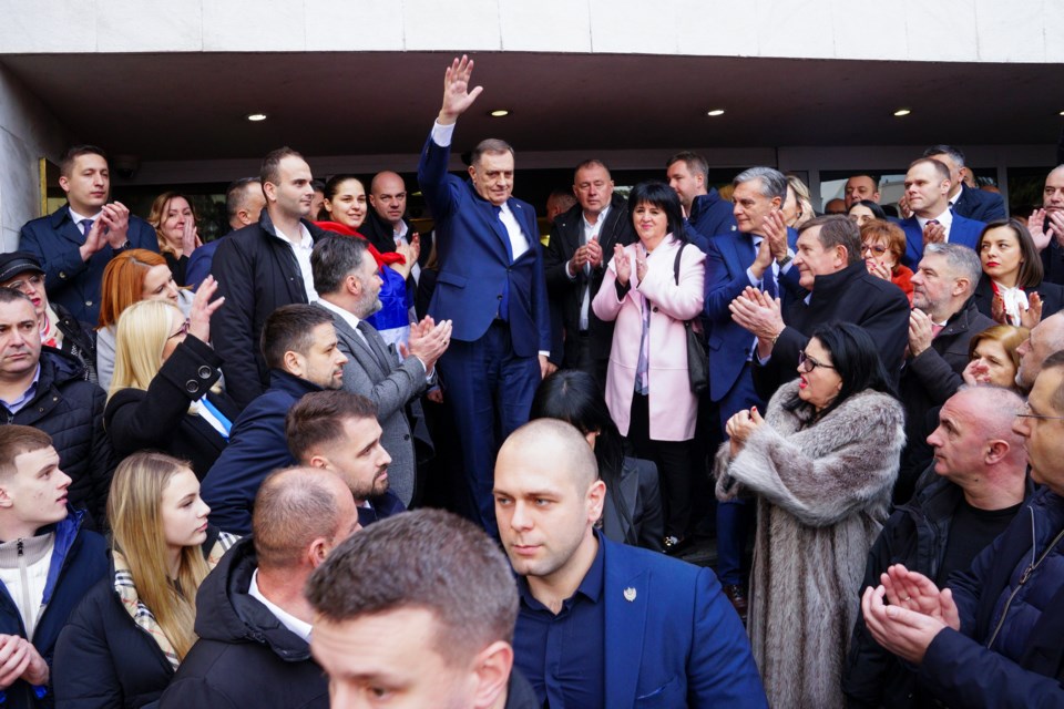 Bosnian Serb President Milorad Dodik, center, rallied as tensions soared on the eve of a scheduled court verdict that could order the pro-Russia Serb leader banned from politics or even sentenced to prison in the Bosnian town of Banja Luka, 240 kms northwest of Sarajevo, Tuesday, Feb. 25, 2025. (AP Photo/Radivoje Pavicic)