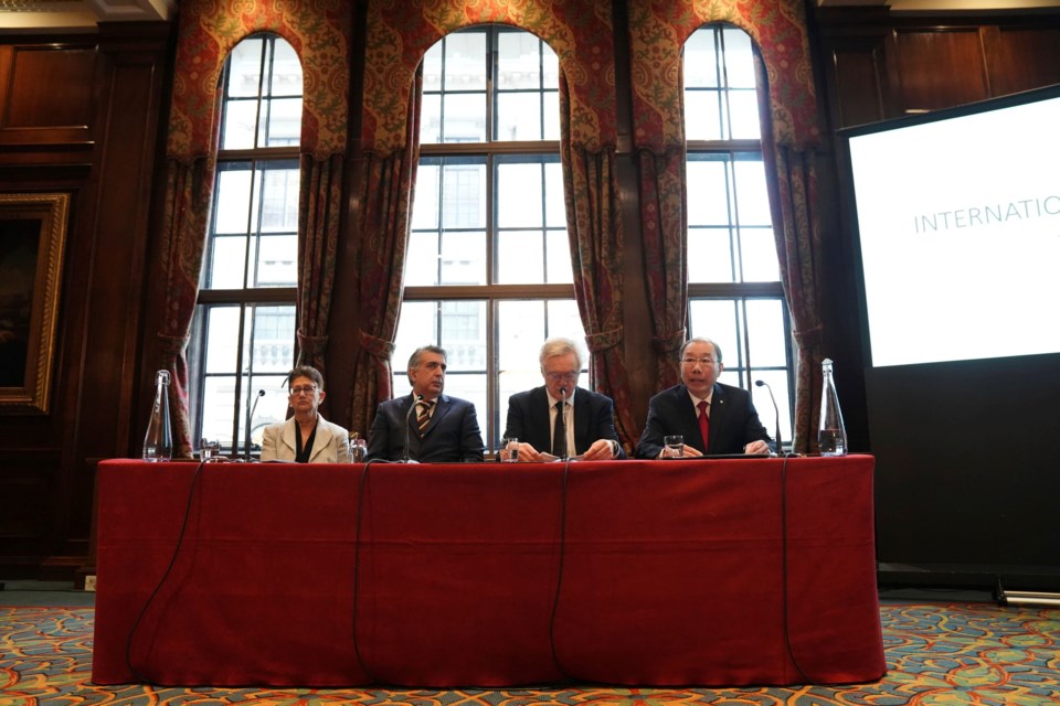 From left, Professor Neena Modi, barrister Mark McDonald, David Davis MP and retired medic Dr Shoo Lee take part in a press conference to announce "new medical evidence" from an international panel of neonatologists in connection with the conviction of British nurse Lucy Letby, in London, Tuesday, Feb. 4, 2025. (Ben Whitley/PA via AP)