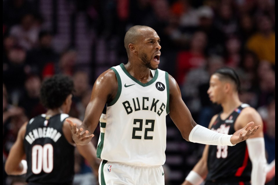 Milwaukee Bucks forward Khris Middleton reacts to a play against the Portland Trail Blazers during the first half of an NBA basketball game Tuesday, Jan. 28, 2025, in Portland, Ore. (AP Photo/Howard Lao)