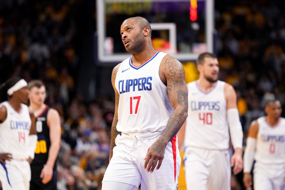 FILE - Los Angeles Clippers forward P.J. Tucker reacts during the first half of the team's NBA basketball in-season tournament game against the Denver Nuggets on Tuesday, Nov. 14, 2023, in Denver. (AP Photo/Jack Dempsey, File)