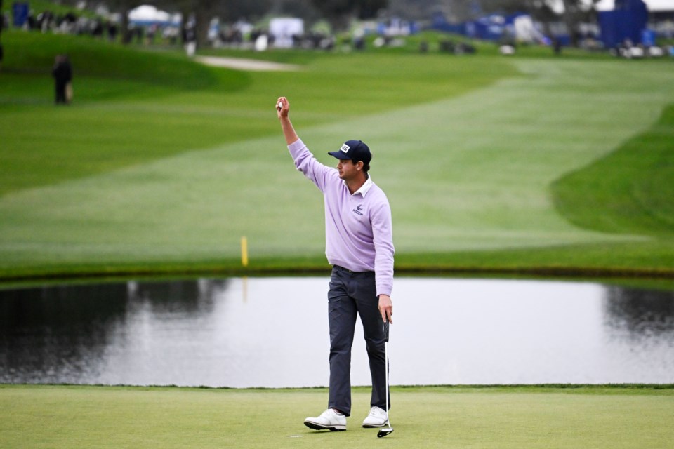 Harris English celebrates after winning the Farmers Insurance Open golf tournament at Torrey Pines Saturday, Jan. 25, 2025, in San Diego. (AP Photo/Denis Poroy)