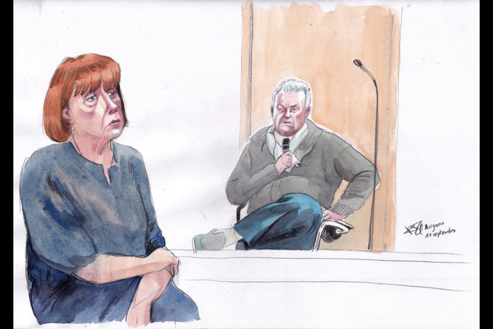 FILE - This courtroom sketch by Valentin Pasquier shows Gisèle Pelicot, left, and her ex-husband Dominique Pelicot, right, during his trial at the courthouse in Avignon, southern France, on Sept. 17, 2024. (AP Photo/Valentin Pasquier, File)