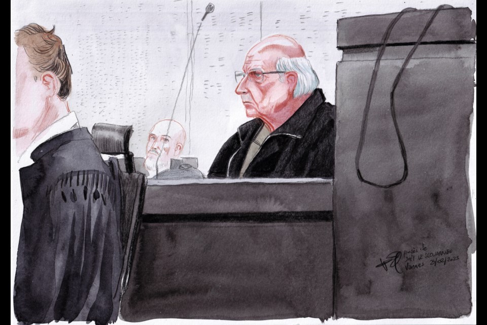 This courtroom sketch by Valentin Pasquier shows Joel Le Scouarnec, now 74, sitting in courtroom and accused of raping or abusing 299 people, mostly child patients, at the Vannes courthouse, western France, on the opening day of his trial, Monday, Feb. 24, 2025. (Valentin Pasquier via AP)