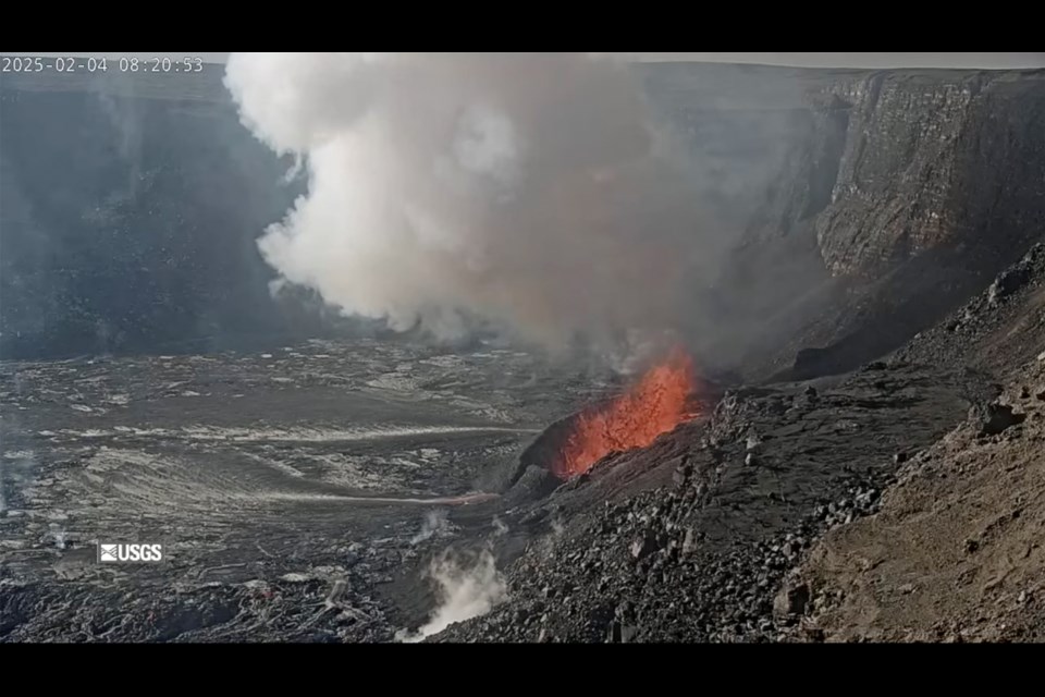 In this image captured from video released the U.S. Geological Survey's Hawaiian Volcano Observatory, a webcam shows lava fountaining from Kilauea volcano within the Hawaii Volcanoes National Park on the Big Island on Tuesday, Feb. 4. 2025. (USGS Hawaiian Volcano Observatory via AP)