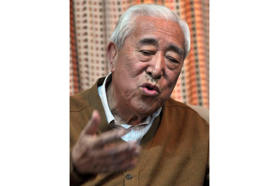 FILE - Gyalo Thondup, elder brother of the Dalai Lama, speaks to media in Dharamshala, India, Nov. 19, 2008. (AP Photo/Ashwini Bhatia, File)