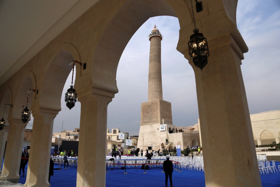 Preparations are underway ahead of the visit of UNESCO Director-General Audrey Azoulay to al-Nuri Mosque in the old city of Mosul, Iraq, Wednesday, Feb. 5, 2025, reconstructed by UNESCO after being damaged in battles with the Islamic State group when it held the city. (AP Photo/Farid Abdulwahed)