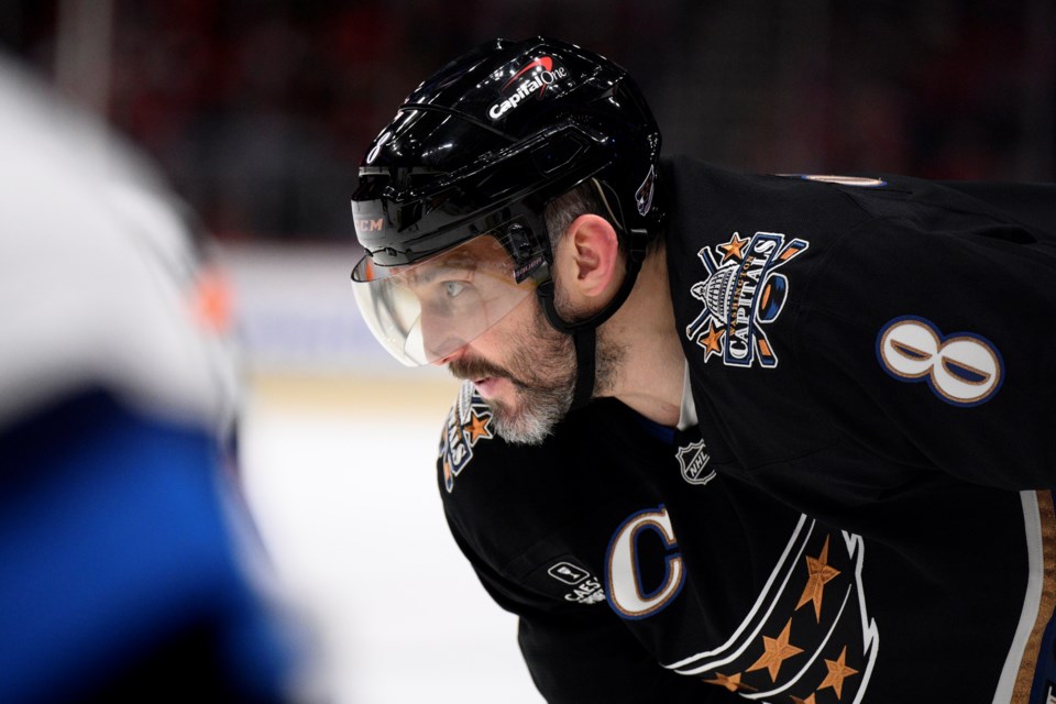 Washington Capitals left wing Alex Ovechkin awaits a face off during the first period of an NHL hockey game against the Winnipeg Jets, Saturday, Feb. 1, 2025, in Washington. (AP Photo/Nick Wass)