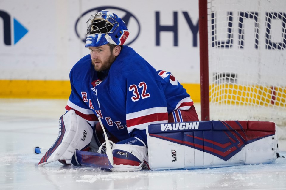 New York Rangers goaltender Jonathan Quick (32) warms up before the second period of an NHL hockey game against the Vegas Golden Knights Sunday, Feb. 2, 2025, in New York. (AP Photo/Frank Franklin II)