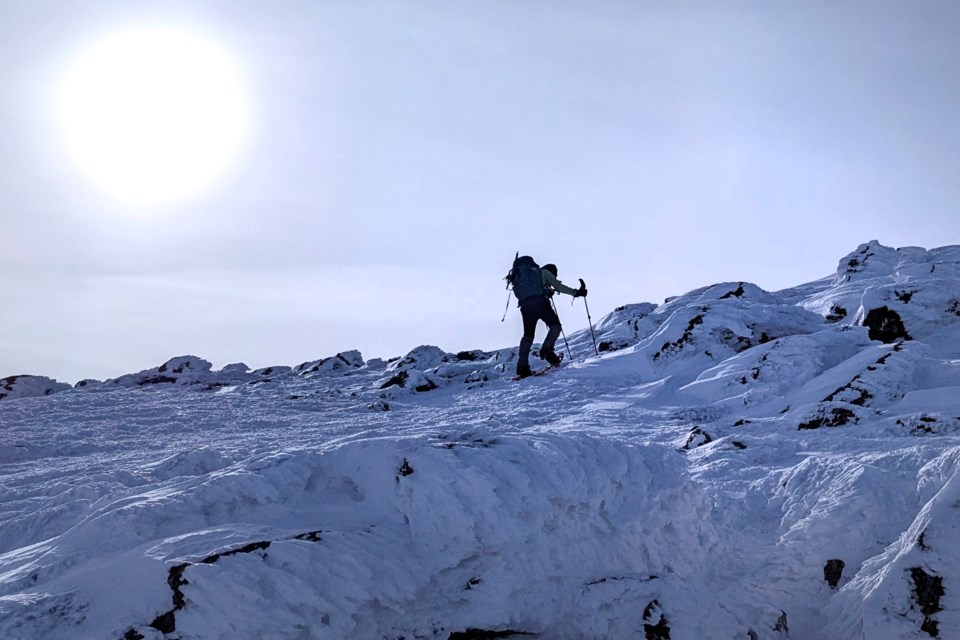 In this photograph provided by Kathyrn McKee, fellow hiker Beata LeLacheur climbs the Westside trail, just hours before needing to be rescued, on Mount Washington, N.H., Sunday, Feb. 2, 2025. (Kathyrn McKee photo via AP)