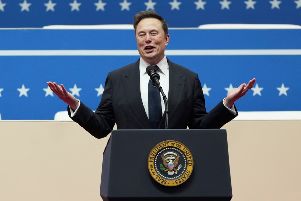 FILE - Elon Musk speaks at a presidential inauguration event on behalf of President-elect Donald Trump in Washington, Jan. 20, 2025. (AP Photo/Matt Rourke, File)