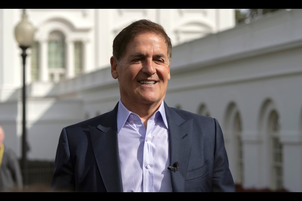 FILE - Businessman Mark Cuban speaks after attending meetings at the White House, March 4, 2024, in Washington. (AP Photo/Mark Schiefelbein, File)