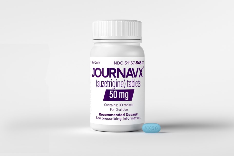 This photo provided by Vertex Pharmaceuticals in January 2025 shows a tablet and bottle of the JOURNAVX (suzetrigine) medication. (Vertex Pharmaceuticals via AP)