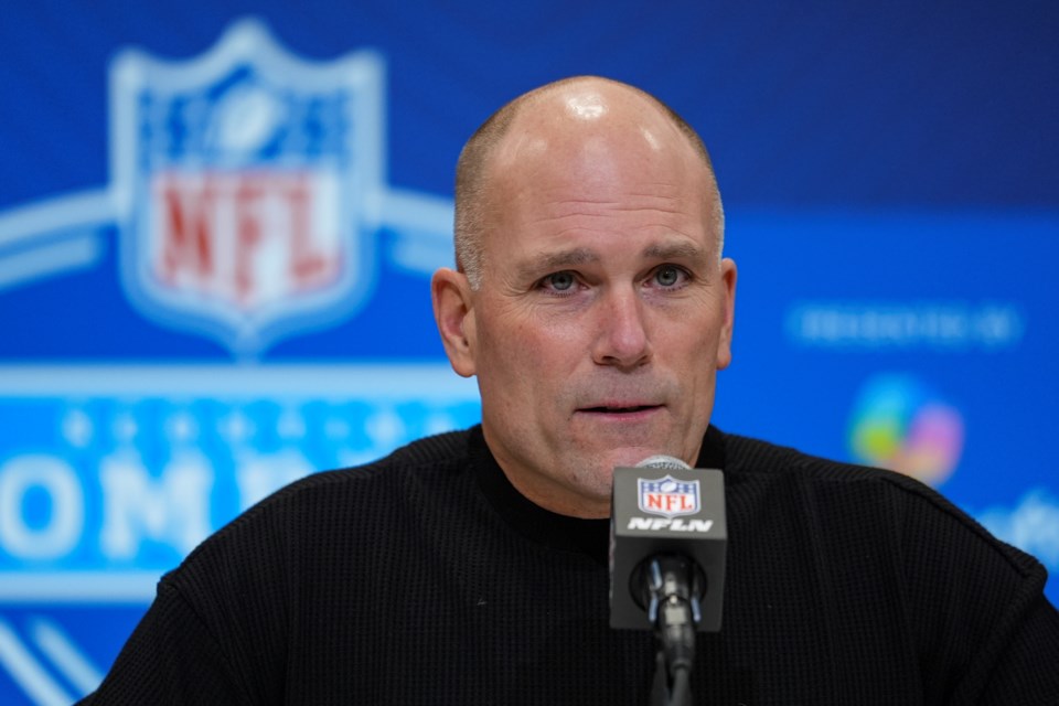 Baltimore Ravens general manager Eric DeCosta speaks during a press conference at the NFL football scouting combine in Indianapolis, Tuesday, Feb. 25, 2025. (AP Photo/Michael Conroy)