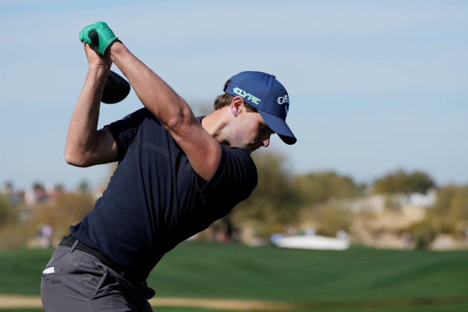 Thomas Detry, of Belgium, hits his tee shot at the 13th hole during the second round of the Phoenix Open golf tournament at the TPC Scottsdale Friday, Feb. 7, 2025, in Scottsdale, Ariz. (AP Photo/Ross D. Franklin)