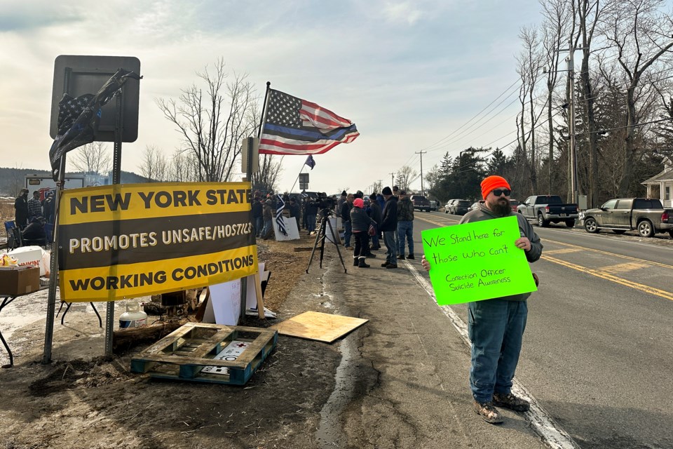 Correctional officers and their supporters demonstrate in sight of Coxsackie Correctional Facility in the Hudson Valley., Monday, Feb. 24, 2025, in Coxsackie, N.Y. (AP Photo/Michael Hill)