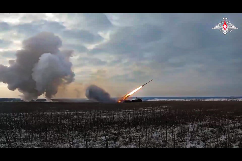 In this photo taken from video distributed by Russian Defense Ministry Press Service on Wednesday, Feb. 26, 2025, a Russian Army self-propelled 220 mm multiple rocket launcher Uragan (Hurricane) fires toward Ukrainian position at an undisclosed location in Ukraine. (Russian Defense Ministry Press Service via AP)