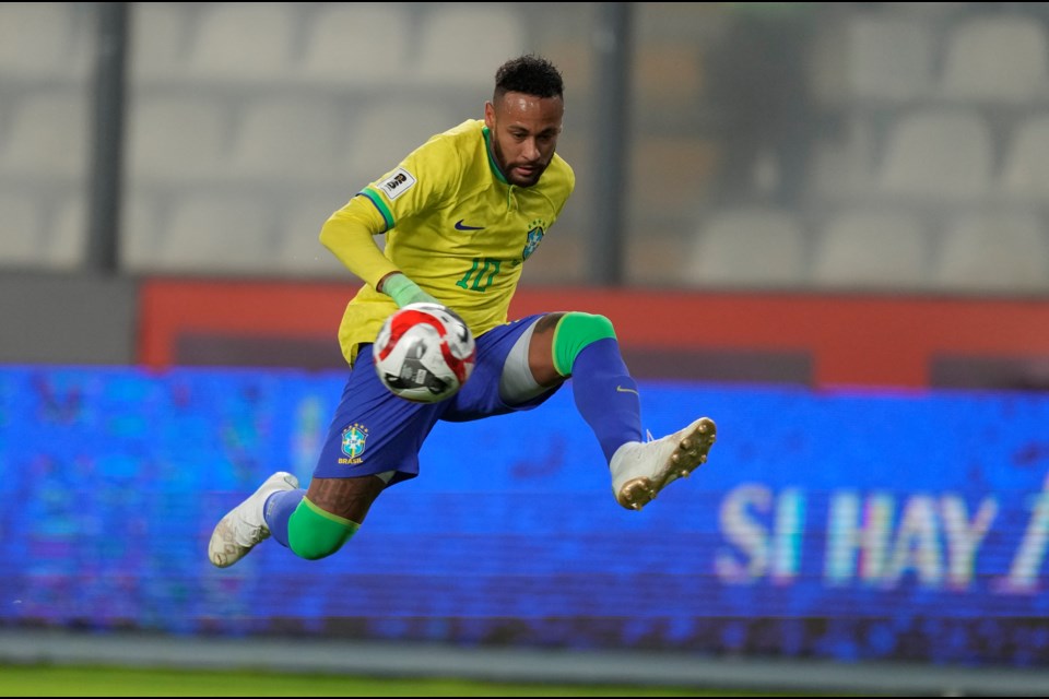 FILE - Brazil's Neymar controls the ball during a qualifying soccer match for the FIFA World Cup 2026 against Peru at National stadium in Lima, Peru, Tuesday, Sept. 12, 2023. (AP Photo/Martin Mejia, File)