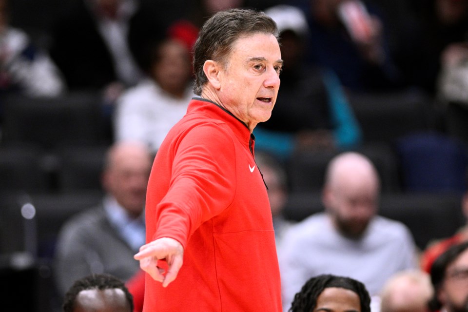 St. John's head coach Rick Pitino gestures during the first half of an NCAA college basketball game against Georgetown, Tuesday, Jan. 28, 2025, in Washington. (AP Photo/Nick Wass)