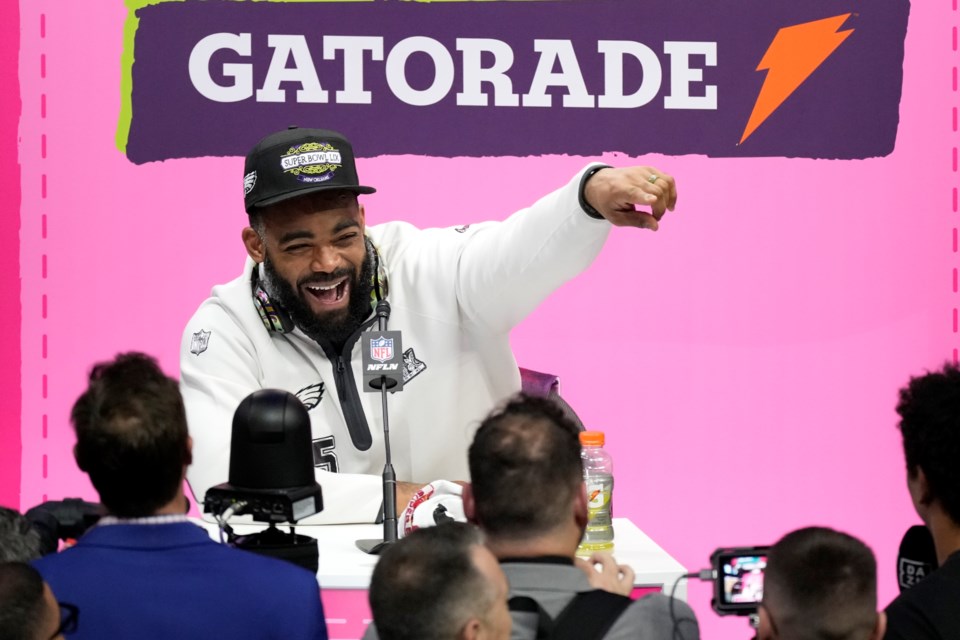 Philadelphia Eagles defensive end Brandon Graham participates during Super Bowl 59 Opening Night, Monday, Feb. 3, 2025, in New Orleans, ahead of the NFL football game between the Philadelphia Eagles and the Kansas City Chiefs Sunday. (AP Photo/Godofredo A. Vásquez)